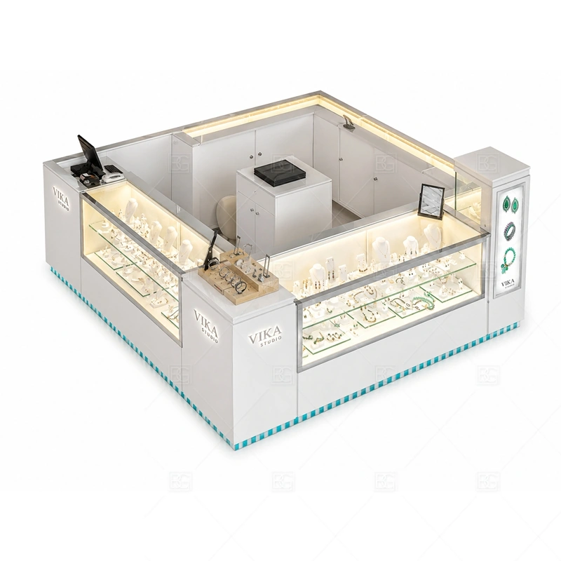 White Jewelry Kiosk with Lighted Display Counter storage and security detail for under-counter tray drawers, lockable stock cabinets, POS space, and packaging storage planned for white jewelry kiosk with lighted display counter