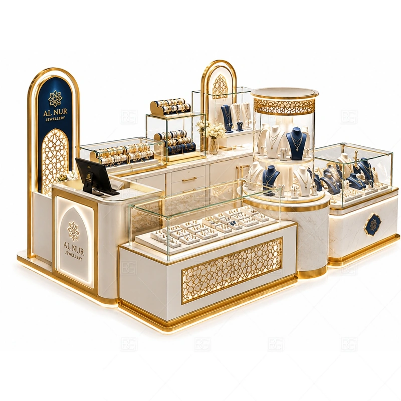 White Navy Jewelry Kiosk for Mall Retail with navy cabinet color for a more refined high-value display mood shown in the white navy jewelry kiosk for mall retail product photos, with balanced glass counter planning for jewelry, watch, and accessory display