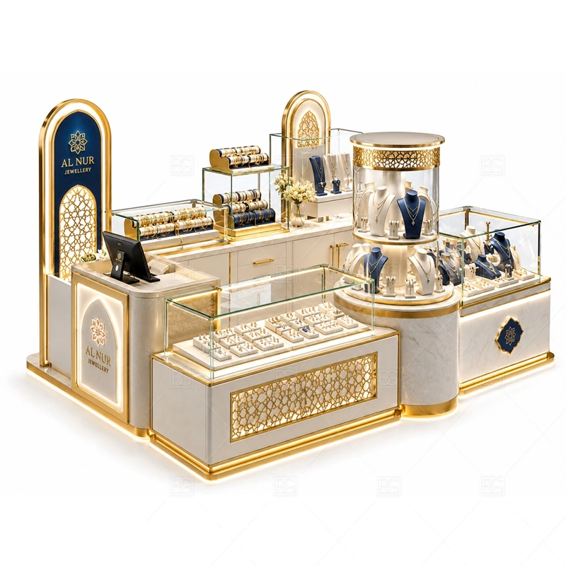 White Navy Jewelry Kiosk for Mall Retail layout showing balanced mall island layout shown in the white navy jewelry kiosk for mall retail product photos, with boutique mall traffic where shoppers need time to inspect small products closely