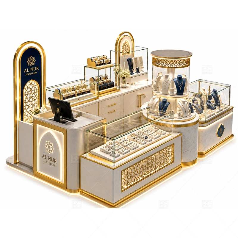 White Navy Jewelry Kiosk for Mall Retail glass display detail for glass display counters for jewelry and accessories planned for rings, necklaces, watches, bracelets, gift sets, and small accessories in the white navy jewelry kiosk for mall retail layout