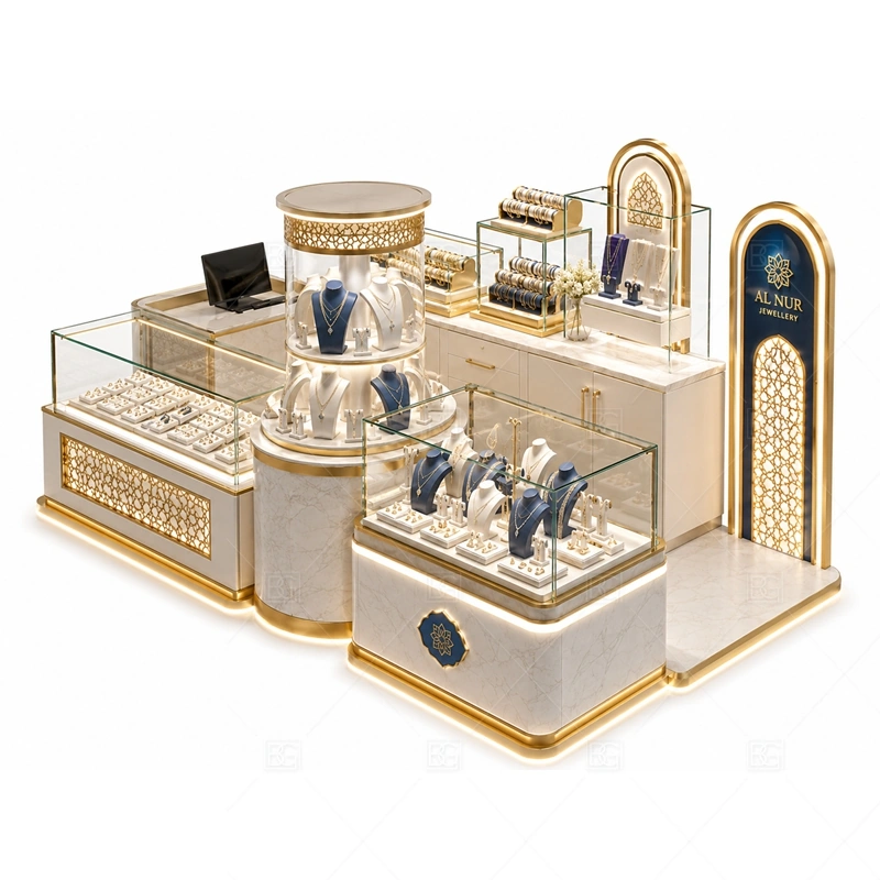 White Navy Jewelry Kiosk for Mall Retail lighting detail for LED strips, showcase spotlights, and warmer jewelry lighting adjusted around white panels, navy accents, glass counters, and metal trim for the white navy jewelry kiosk for mall retail detail set
