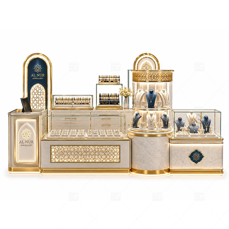 White Navy Jewelry Kiosk for Mall Retail brand signage detail for navy logo accents and clean brand panels coordinated with navy cabinet color for a more refined high-value display mood for the white navy jewelry kiosk for mall retail front presentation