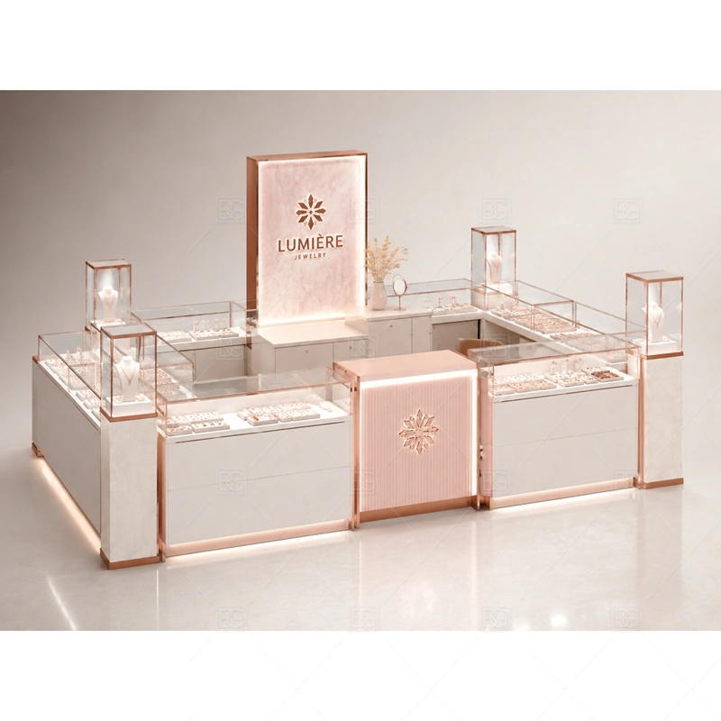 White Rose Gold Jewelry Kiosk with Logo Wall with rose gold trim for a softer bridal and boutique jewelry look shown in the white rose gold jewelry kiosk with logo wall product photos, with logo-led brand presentation for stronger recognition from the mall walkway