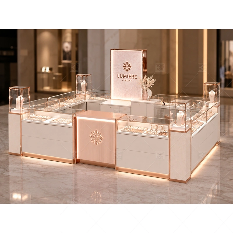 White Rose Gold Jewelry Kiosk with Logo Wall layout showing island layout with branded logo wall shown in the white rose gold jewelry kiosk with logo wall product photos, with boutique mall traffic where shoppers need time to inspect small products closely