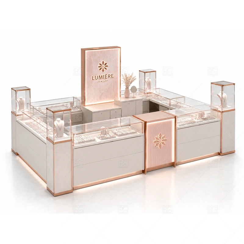 White Rose Gold Jewelry Kiosk with Logo Wall glass display detail for glass showcases around a refined counter base planned for rings, necklaces, watches, bracelets, gift sets, and small accessories in the white rose gold jewelry kiosk with logo wall layout