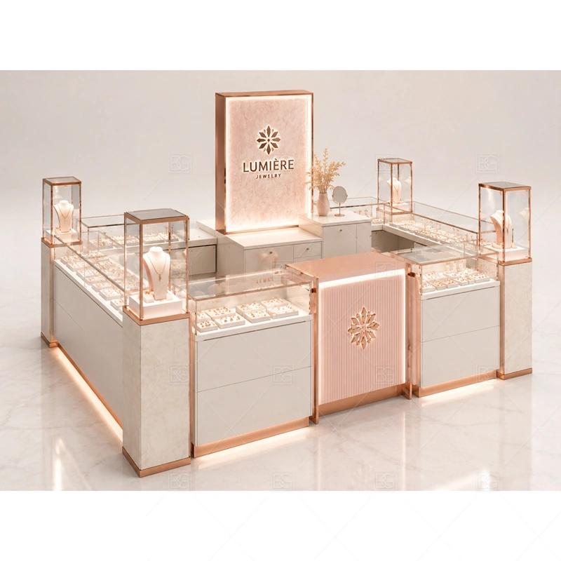White Rose Gold Jewelry Kiosk with Logo Wall lighting detail for LED strips, showcase spotlights, and warmer jewelry lighting adjusted around white cabinet panels, rose gold trim, glass counters, and logo wall structure for the white rose gold jewelry kiosk with logo wall detail set