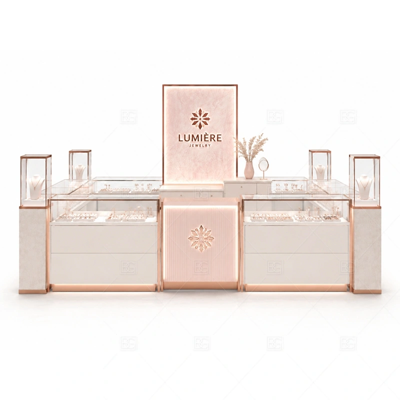 White Rose Gold Jewelry Kiosk with Logo Wall brand signage detail for logo wall for a stronger branded photo moment coordinated with rose gold trim for a softer bridal and boutique jewelry look for the white rose gold jewelry kiosk with logo wall front presentation