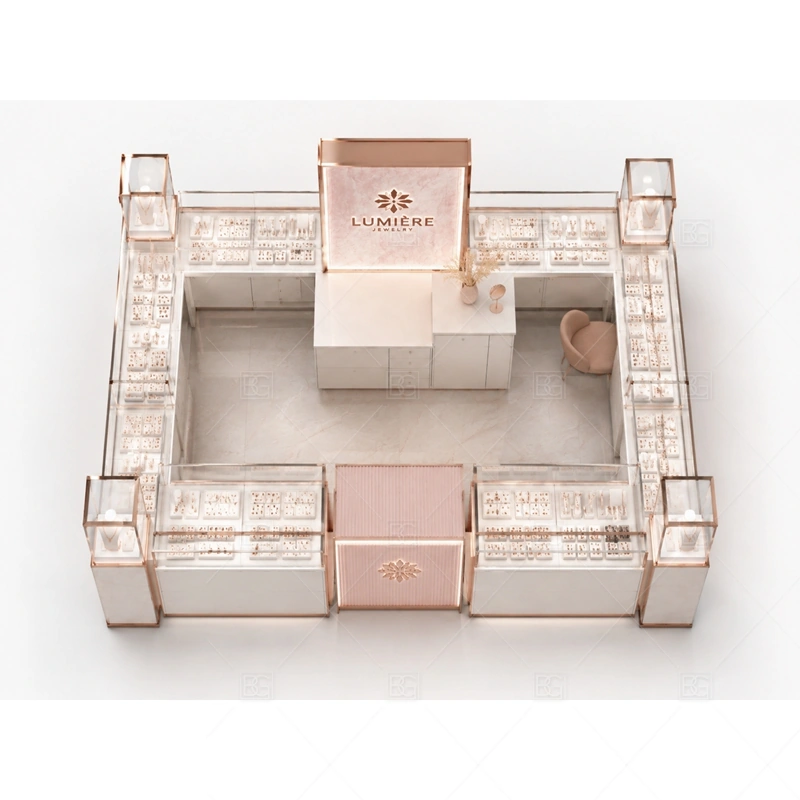 White Rose Gold Jewelry Kiosk with Logo Wall storage and security detail for under-counter tray drawers, lockable stock cabinets, POS space, and packaging storage planned for white rose gold jewelry kiosk with logo wall