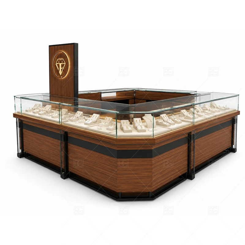 Wood Black Jewelry Kiosk with Glass Showcase with black contrast panels for stronger luxury visibility shown in the wood black jewelry kiosk with glass showcase product photos, with glass showcase planning for secure jewelry display and clear product viewing