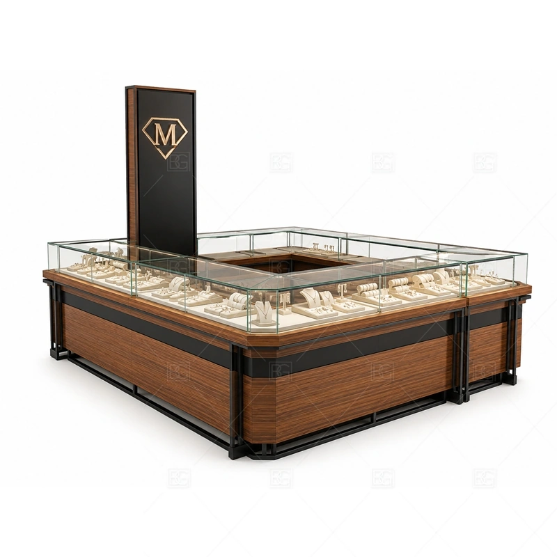 Wood Black Jewelry Kiosk with Glass Showcase layout showing contrast island counter layout shown in the wood black jewelry kiosk with glass showcase product photos, with gift-shopping traffic where quick browsing and secure staff access need to work together