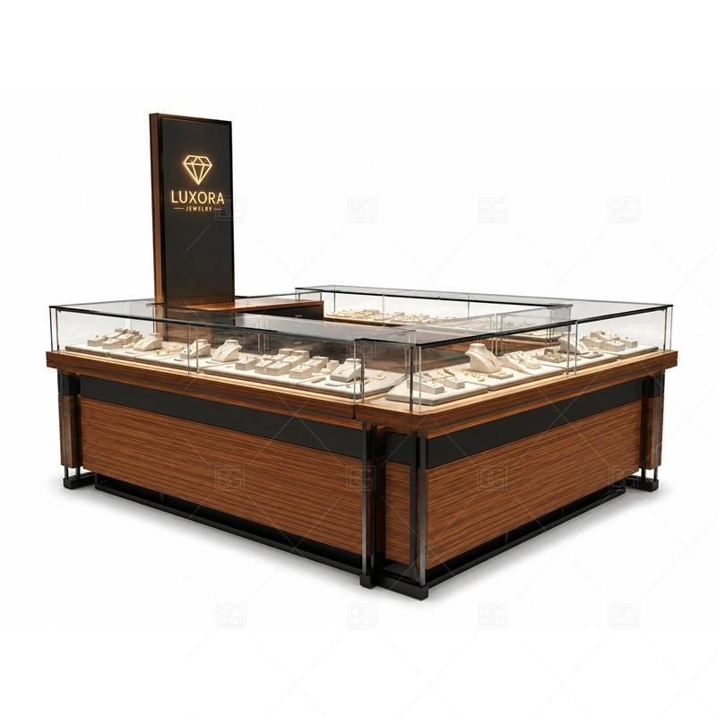 Wood Black Jewelry Kiosk with Glass Showcase glass display detail for glass showcases on customer-facing sides planned for rings, necklaces, watches, bracelets, gift sets, and small accessories in the wood black jewelry kiosk with glass showcase layout