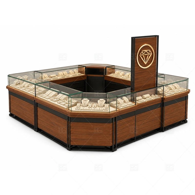 Wood Black Jewelry Kiosk with Glass Showcase lighting detail for LED strips, showcase spotlights, and warmer jewelry lighting adjusted around wood veneer, black panels, glass counters, and metal fittings for the wood black jewelry kiosk with glass showcase detail set