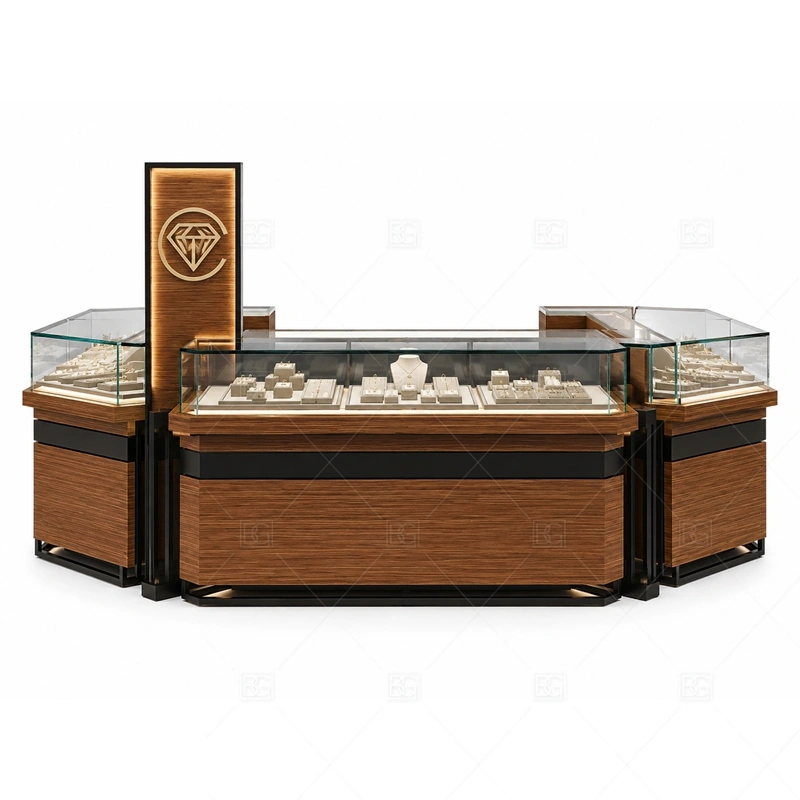 Wood Black Jewelry Kiosk with Glass Showcase brand signage detail for black logo sign and front brand panels coordinated with black contrast panels for stronger luxury visibility for the wood black jewelry kiosk with glass showcase front presentation