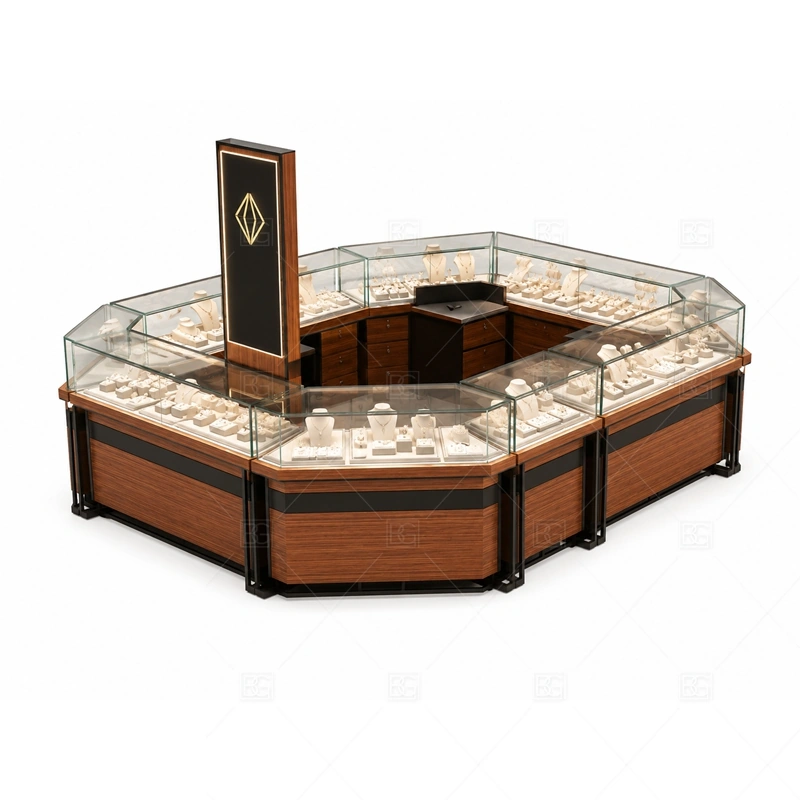 Wood Black Jewelry Kiosk with Glass Showcase storage and security detail for under-counter tray drawers, lockable stock cabinets, POS space, and packaging storage planned for wood black jewelry kiosk with glass showcase