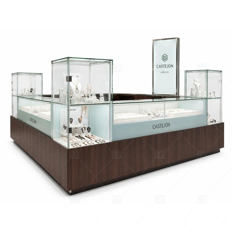 Wood Glass Jewelry Kiosk with Display Towers with wood grain surfaces for a warmer handcrafted retail impression shown in the wood glass jewelry kiosk with display towers product photos, with glass showcase planning for secure jewelry display and clear product viewing