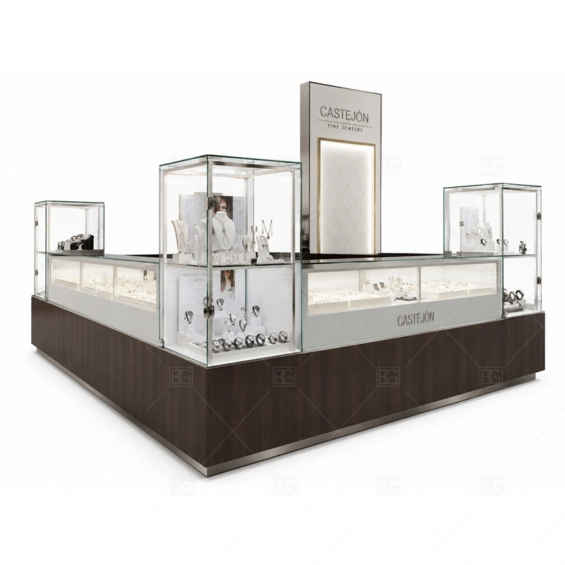 Wood Glass Jewelry Kiosk with Display Towers layout showing island layout with display towers shown in the wood glass jewelry kiosk with display towers product photos, with premium retail traffic where lighting, glass clarity, and brand finish affect purchase confidence