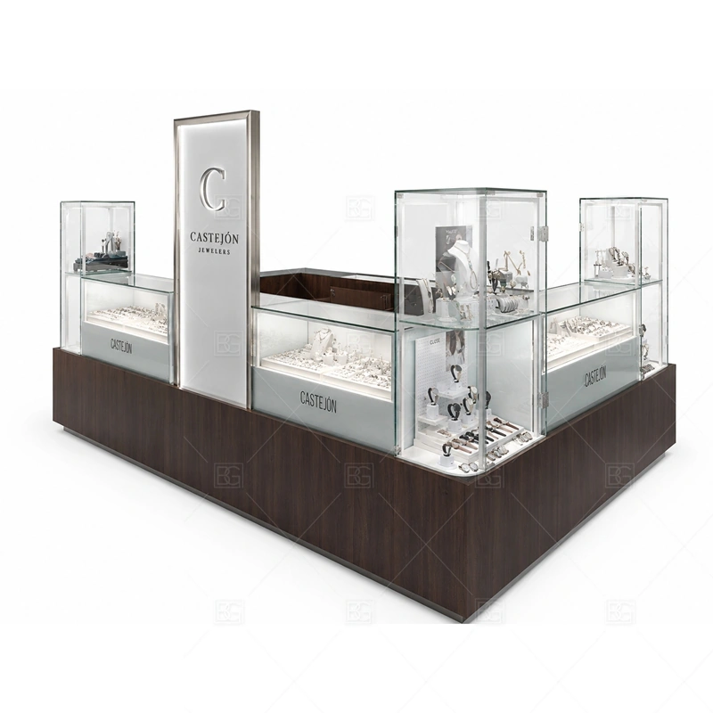 Wood Glass Jewelry Kiosk with Display Towers glass display detail for glass counters plus tower display areas planned for rings, necklaces, watches, bracelets, gift sets, and small accessories in the wood glass jewelry kiosk with display towers layout