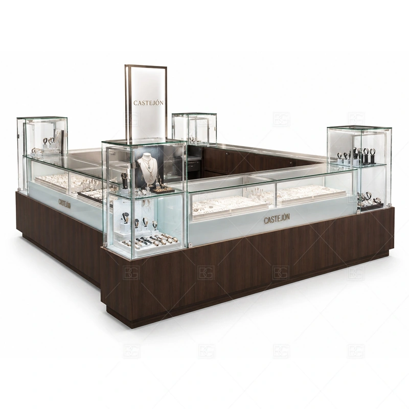 Wood Glass Jewelry Kiosk with Display Towers lighting detail for LED strips, showcase spotlights, and warmer jewelry lighting adjusted around wood veneer, glass counters, and vertical display structures for the wood glass jewelry kiosk with display towers detail set