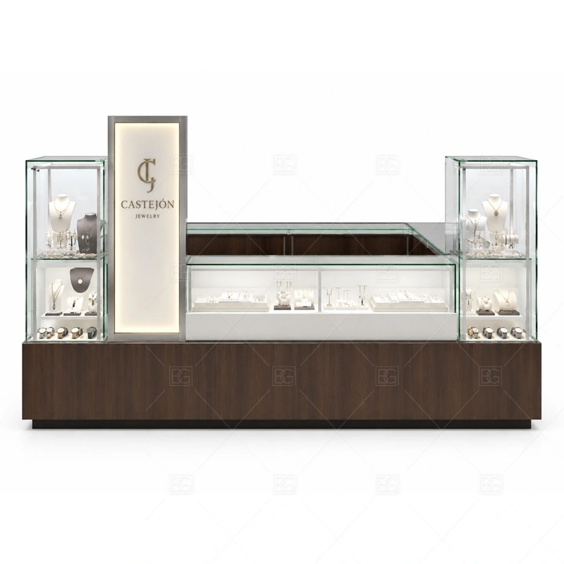 Wood Glass Jewelry Kiosk with Display Towers brand signage detail for tower signage and vertical brand accents coordinated with wood grain surfaces for a warmer handcrafted retail impression for the wood glass jewelry kiosk with display towers front presentation