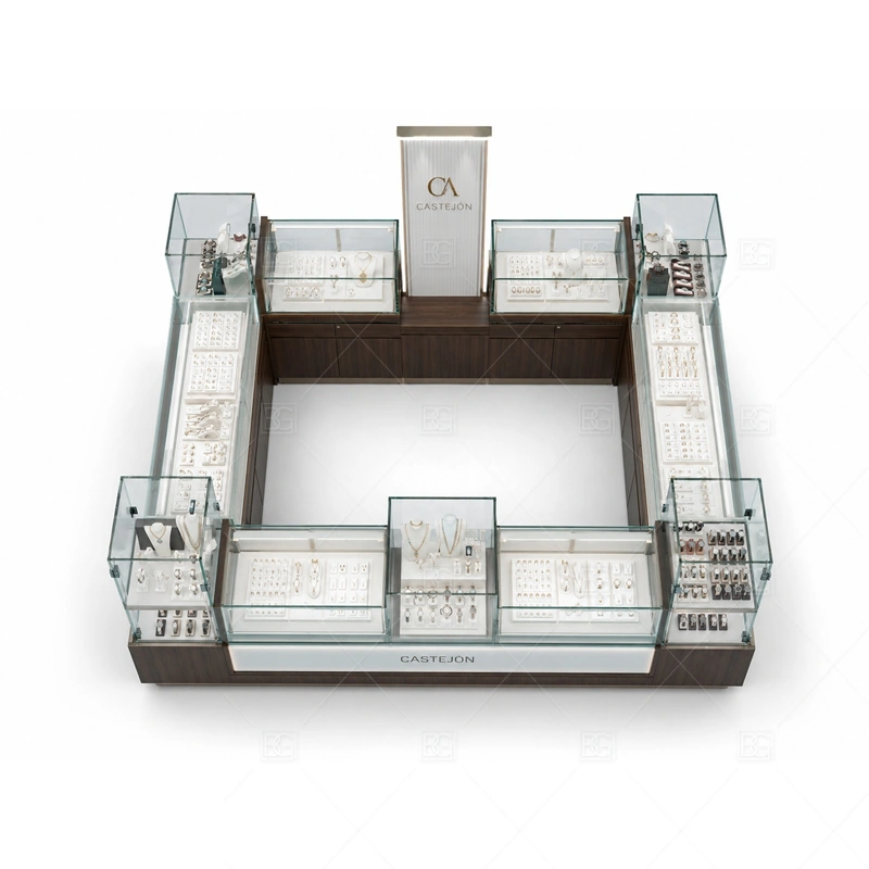 Wood Glass Jewelry Kiosk with Display Towers storage and security detail for under-counter tray drawers, lockable stock cabinets, POS space, and packaging storage planned for wood glass jewelry kiosk with display towers