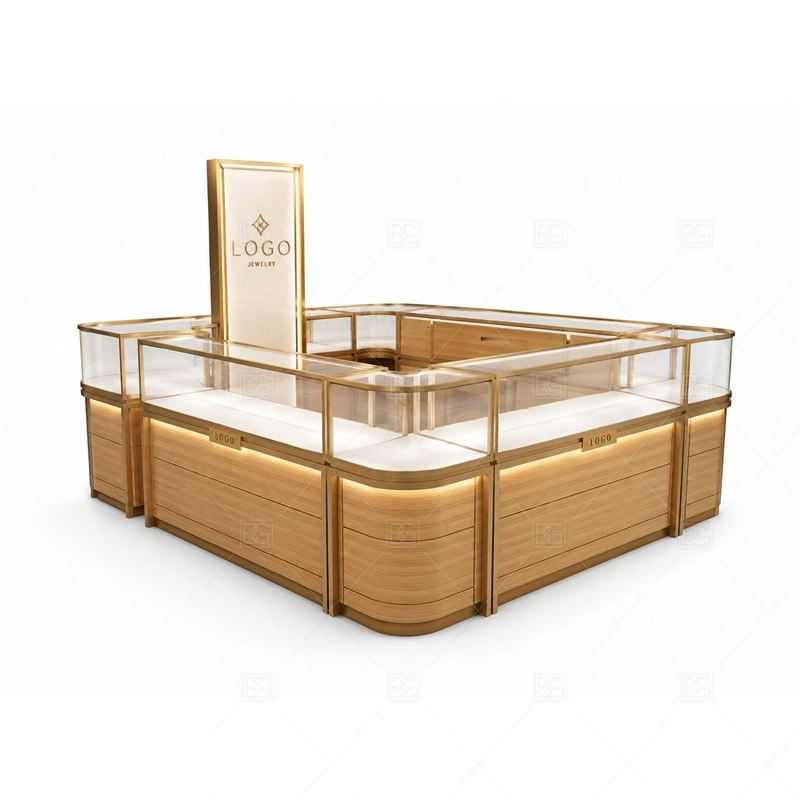 Wood Gold Jewelry Kiosk with Center Sign with warm gold accents for a premium jewelry presentation shown in the wood gold jewelry kiosk with center sign product photos, with balanced glass counter planning for jewelry, watch, and accessory display
