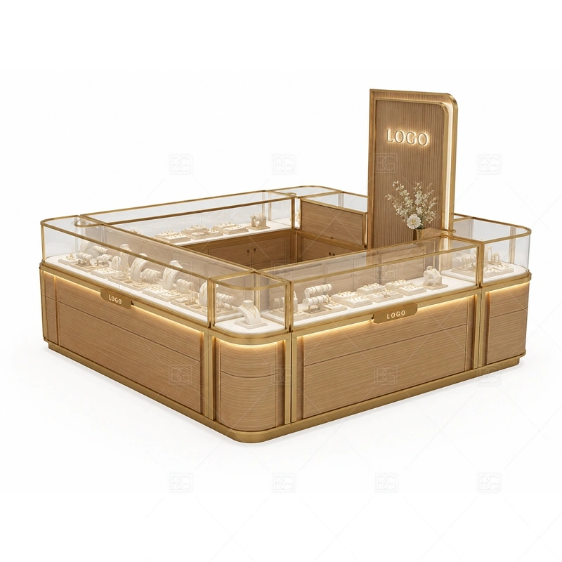 Wood Gold Jewelry Kiosk with Center Sign layout showing island layout with center logo sign shown in the wood gold jewelry kiosk with center sign product photos, with center-court traffic with customers approaching from several sides