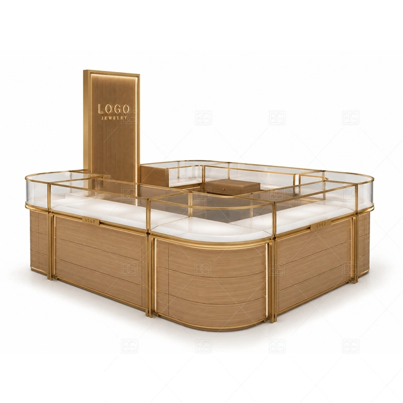 Wood Gold Jewelry Kiosk with Center Sign glass display detail for glass display counters around the central sign planned for rings, necklaces, watches, bracelets, gift sets, and small accessories in the wood gold jewelry kiosk with center sign layout