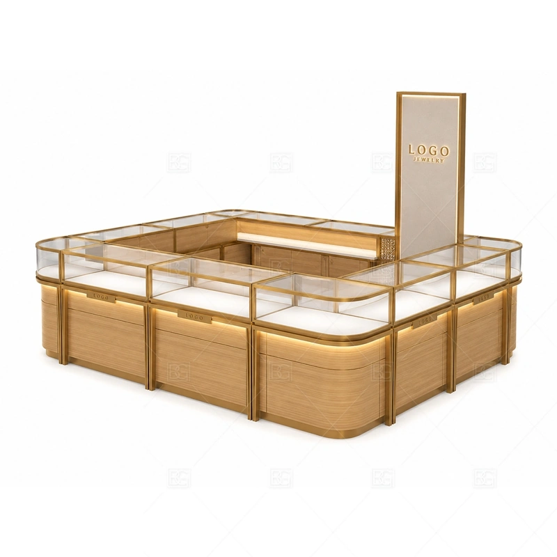 Wood Gold Jewelry Kiosk with Center Sign lighting detail for LED strips, showcase spotlights, and warmer jewelry lighting adjusted around wood veneer, gold trim, tempered glass, and central sign structure for the wood gold jewelry kiosk with center sign detail set