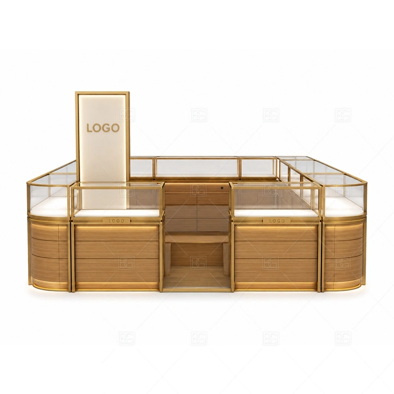 Wood Gold Jewelry Kiosk with Center Sign brand signage detail for center sign for multi-side brand visibility coordinated with warm gold accents for a premium jewelry presentation for the wood gold jewelry kiosk with center sign front presentation