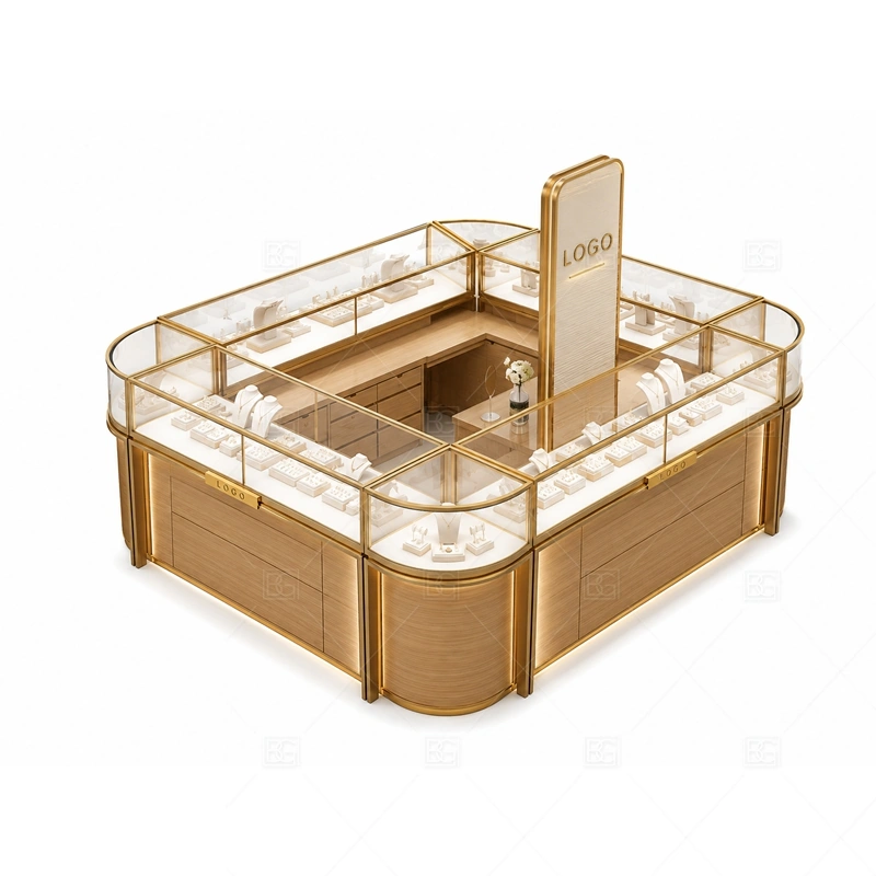 Wood Gold Jewelry Kiosk with Center Sign storage and security detail for under-counter tray drawers, lockable stock cabinets, POS space, and packaging storage planned for wood gold jewelry kiosk with center sign