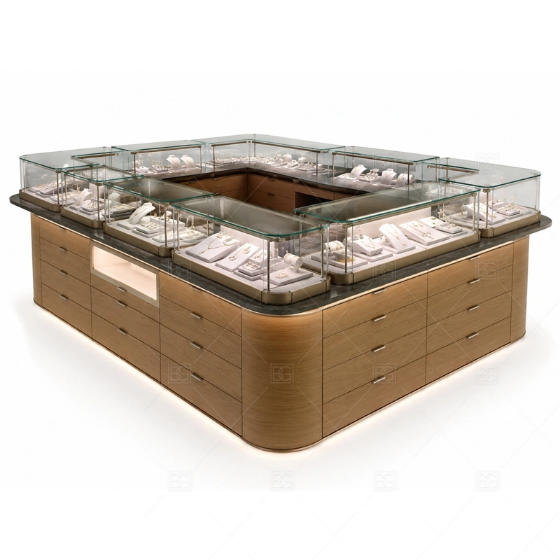 Wood Grain Jewelry Kiosk with Rounded Showcase with wood grain surfaces for a warmer handcrafted retail impression shown in the wood grain jewelry kiosk with rounded showcase product photos, with rounded counter flow that softens customer movement around the showcases