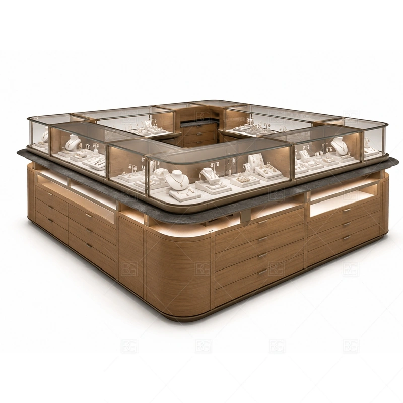 Wood Grain Jewelry Kiosk with Rounded Showcase layout showing rounded wood island layout shown in the wood grain jewelry kiosk with rounded showcase product photos, with gift-shopping traffic where quick browsing and secure staff access need to work together