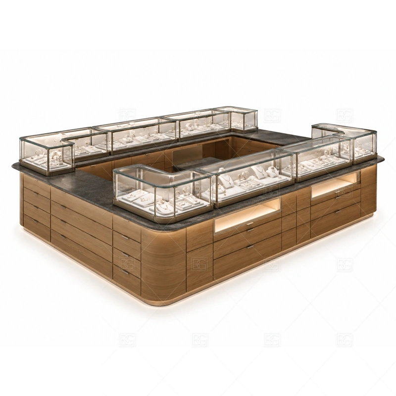 Wood Grain Jewelry Kiosk with Rounded Showcase glass display detail for rounded glass showcase counters planned for rings, necklaces, watches, bracelets, gift sets, and small accessories in the wood grain jewelry kiosk with rounded showcase layout