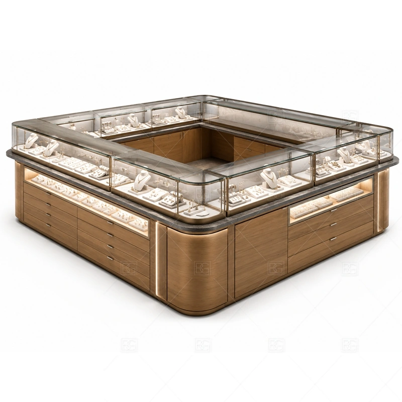 Wood Grain Jewelry Kiosk with Rounded Showcase lighting detail for LED strips, showcase spotlights, and warmer jewelry lighting adjusted around wood grain panels, rounded glass, and metal trim for the wood grain jewelry kiosk with rounded showcase detail set