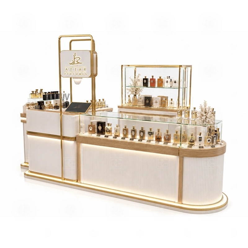 Arabic Perfume Fragrance Display Stand Manufacturer layout showing island perfume kiosk layout with browsing from several sides shown in the arabic perfume fragrance display stand manufacturer product photos, with food court traffic where order, payment, and pickup need a clean sequence