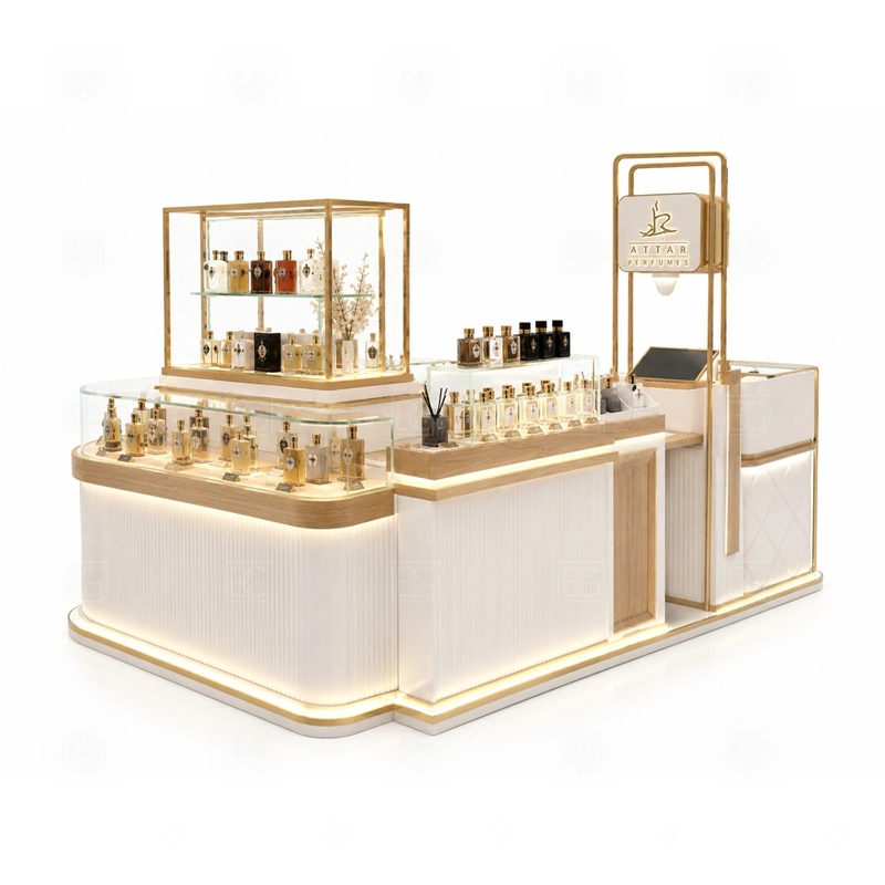 Arabic Perfume Fragrance Display Stand Manufacturer display detail for perfume bottle displays, glass counters, and small product shelving planned for perfume bottles, testers, gift sets, fragrance boxes, and small beauty products, arranged around the visible showcase rhythm of Arabic Perfume Fragrance Display Stand Manufacturer