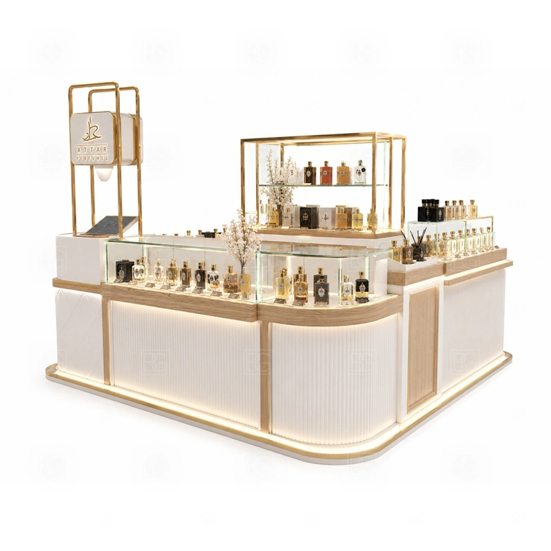 Arabic Perfume Fragrance Display Stand Manufacturer branding detail for custom logo signage and brand color presentation coordinated with fragrance brand color, logo panels, front graphics, and mall visibility needs, tuned to the logo position and visible brand surfaces of Arabic Perfume Fragrance Display Stand Manufacturer