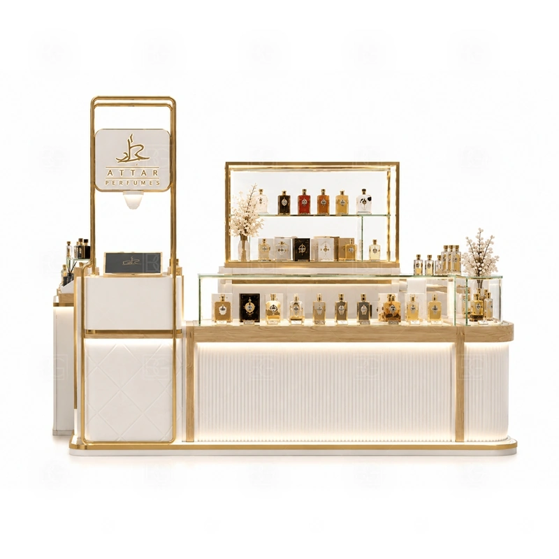 Arabic Perfume Fragrance Display Stand Manufacturer storage detail for lockable drawers, bottle stock cabinets, tester storage, packaging space, and cable access planned for arabic perfume fragrance display stand manufacturer