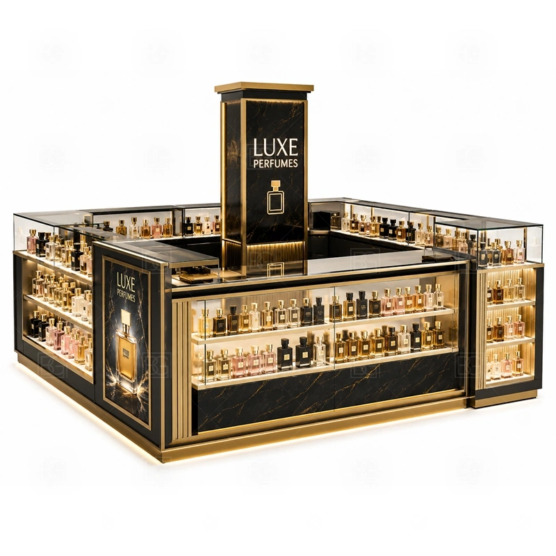 Arabic Perfume Perfume Display Kiosk for Sale with logo tower and illuminated signage shown in the arabic perfume perfume display kiosk for sale product photos for fragrance and perfume retail
