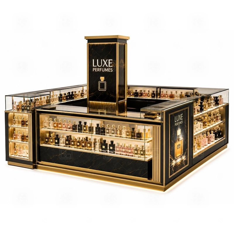 Arabic Perfume Perfume Display Kiosk for Sale layout showing shopping mall perfume kiosk layout with display counters, storage, and cashier planning shown in the arabic perfume perfume display kiosk for sale product photos, with compact lease areas where storage and customer flow must be planned carefully