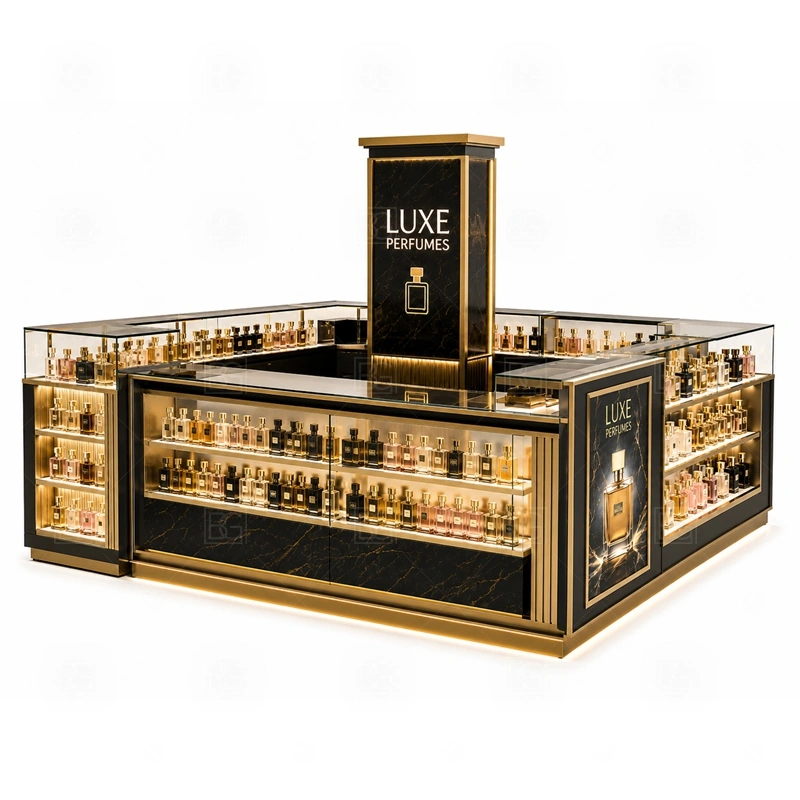 Arabic Perfume Perfume Display Kiosk for Sale display detail for tester counter, scent bar area, and bottle display shelves planned for perfume bottles, testers, gift sets, fragrance boxes, and small beauty products, arranged around the visible showcase rhythm of Arabic Perfume Perfume Display Kiosk for Sale