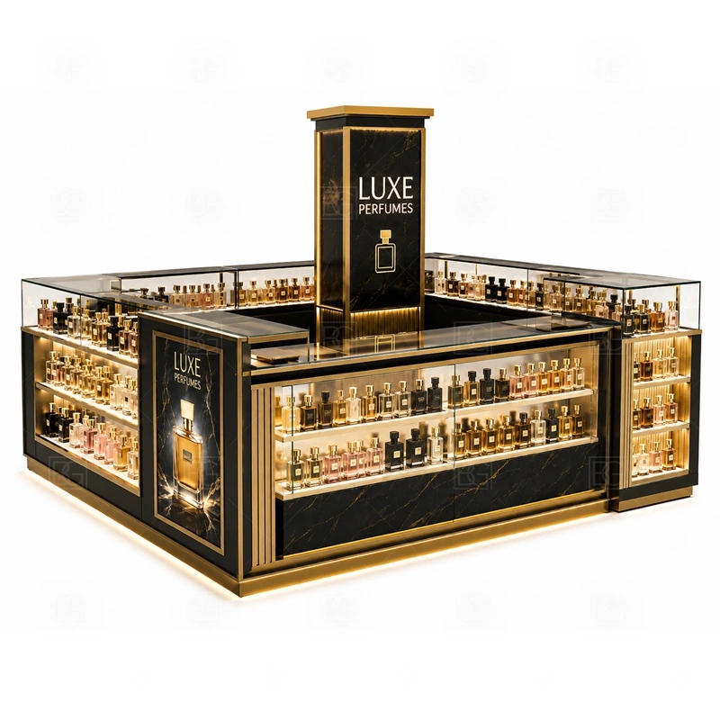 Arabic Perfume Perfume Display Kiosk for Sale branding detail for tall logo tower and warm LED brand lighting coordinated with fragrance brand color, logo panels, front graphics, and mall visibility needs, tuned to the logo position and visible brand surfaces of Arabic Perfume Perfume Display Kiosk for Sale