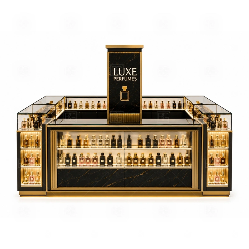 Arabic Perfume Perfume Display Kiosk for Sale storage detail for lockable drawers, bottle stock cabinets, tester storage, packaging space, and cable access planned for arabic perfume perfume display kiosk for sale