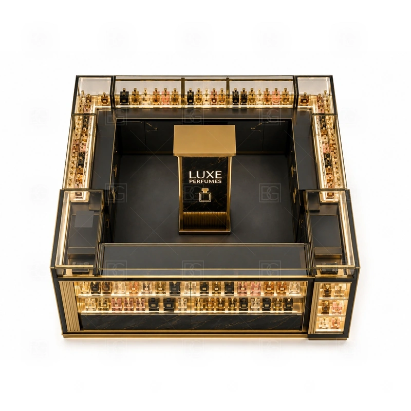 Arabic Perfume Perfume Display Kiosk for Sale buyer planning detail for Arabic Perfume Perfume Display Kiosk for Sale target size, bottle display quantity, tester counter size, logo sign dimensions, glass showcase size, lighting color, mall rules, destination country