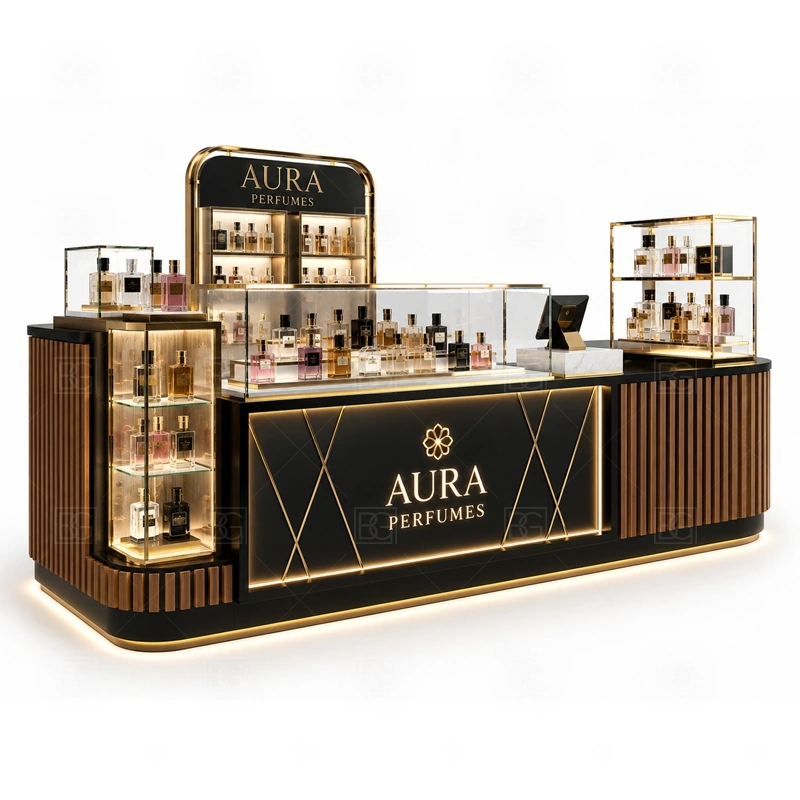Black Gold Fragrance Display Stand and Display Shelves with green brand color and display cabinets shown in the black gold fragrance display stand and display shelves product photos for fragrance and perfume retail
