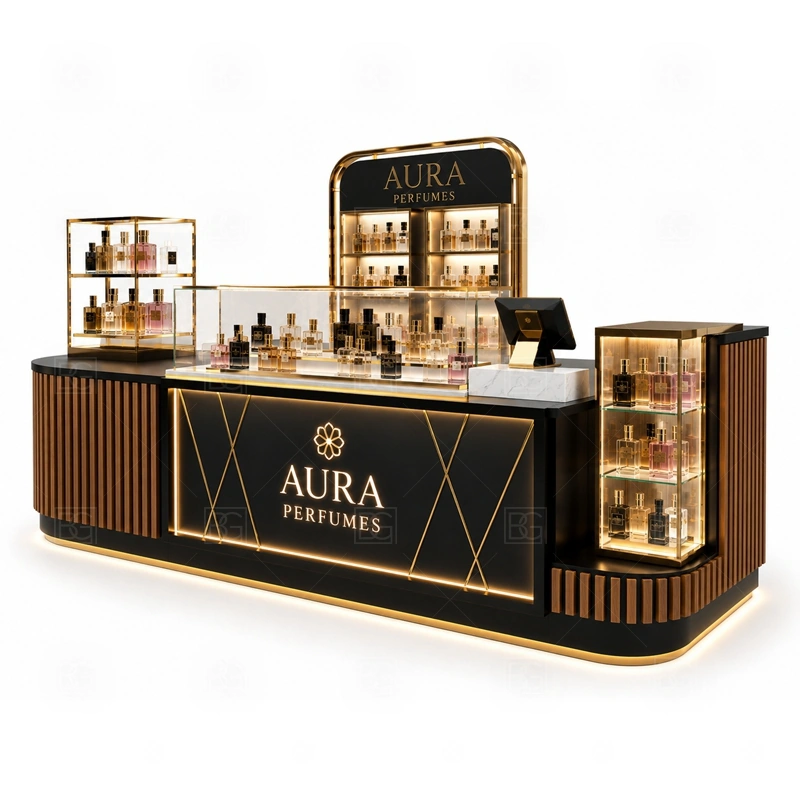 Black Gold Fragrance Display Stand and Display Shelves layout showing shopping mall perfume kiosk layout with display counters, storage, and cashier planning shown in the black gold fragrance display stand and display shelves product photos, with center-court traffic where customers may approach from more than one direction