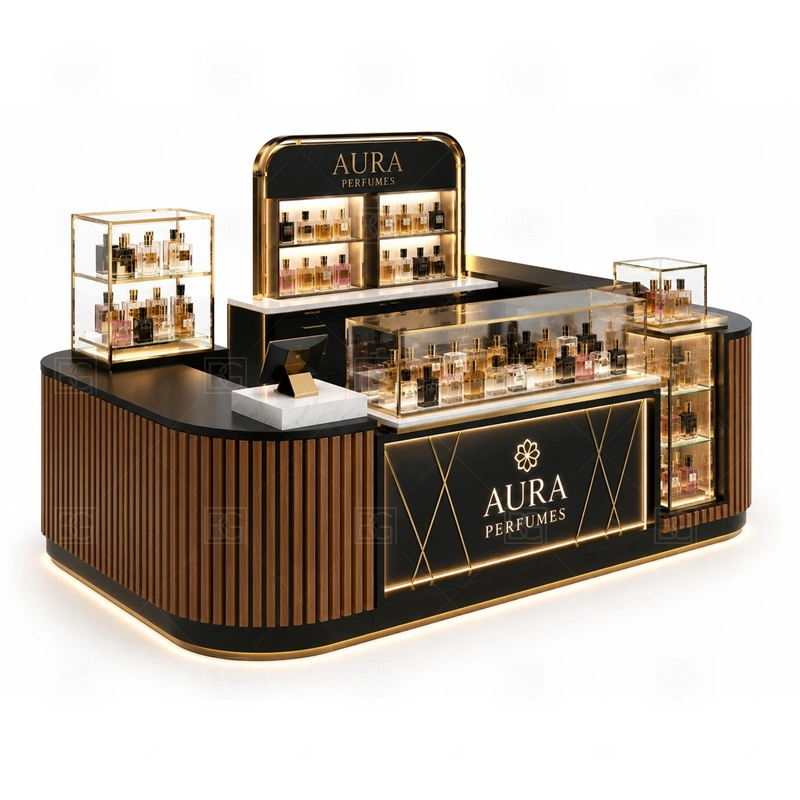 Black Gold Fragrance Display Stand and Display Shelves display detail for perfume bottle displays, glass counters, and small product shelving planned for perfume bottles, testers, gift sets, fragrance boxes, and small beauty products, arranged around the visible showcase rhythm of Black Gold Fragrance Display Stand and Display Shelves