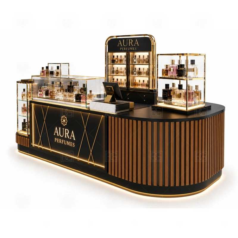 Black Gold Fragrance Display Stand and Display Shelves branding detail for premium logo signage with coordinated gold trim details coordinated with fragrance brand color, logo panels, front graphics, and mall visibility needs, tuned to the logo position and visible brand surfaces of Black Gold Fragrance Display Stand and Display Shelves