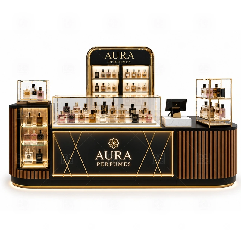 Black Gold Fragrance Display Stand and Display Shelves storage detail for lockable drawers, bottle stock cabinets, tester storage, packaging space, and cable access planned for black gold fragrance display stand and display shelves