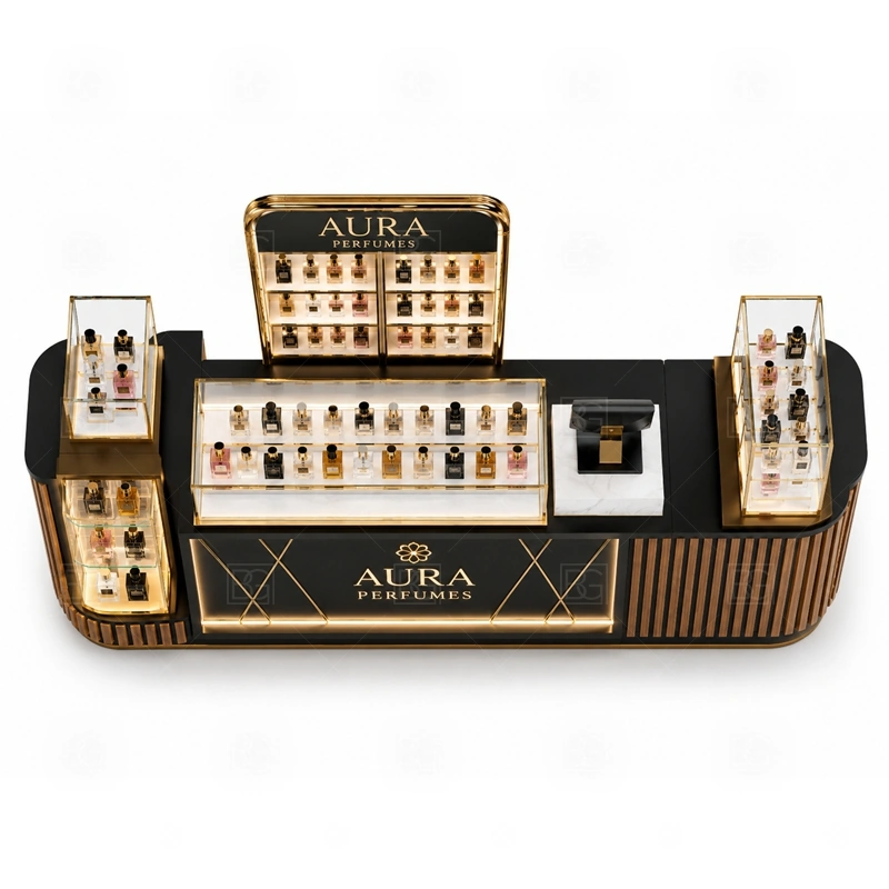Black Gold Fragrance Display Stand and Display Shelves buyer planning detail for Black Gold Fragrance Display Stand and Display Shelves target size, bottle display quantity, tester counter size, logo sign dimensions, glass showcase size, lighting color, mall rules, destination country